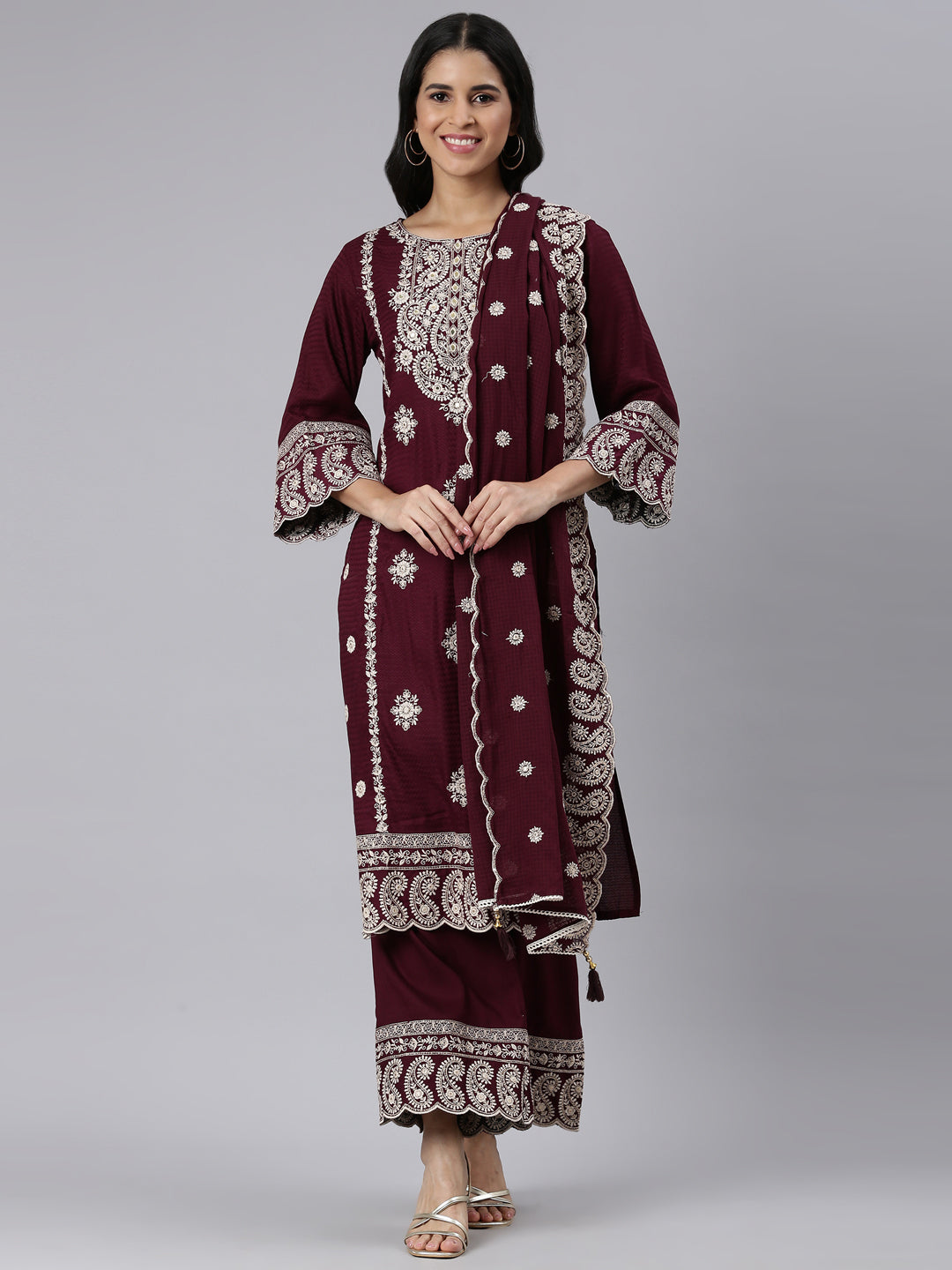 Neerus Purple Tiered Straight Yoke Design Kurta and Palazzos With Dupatta