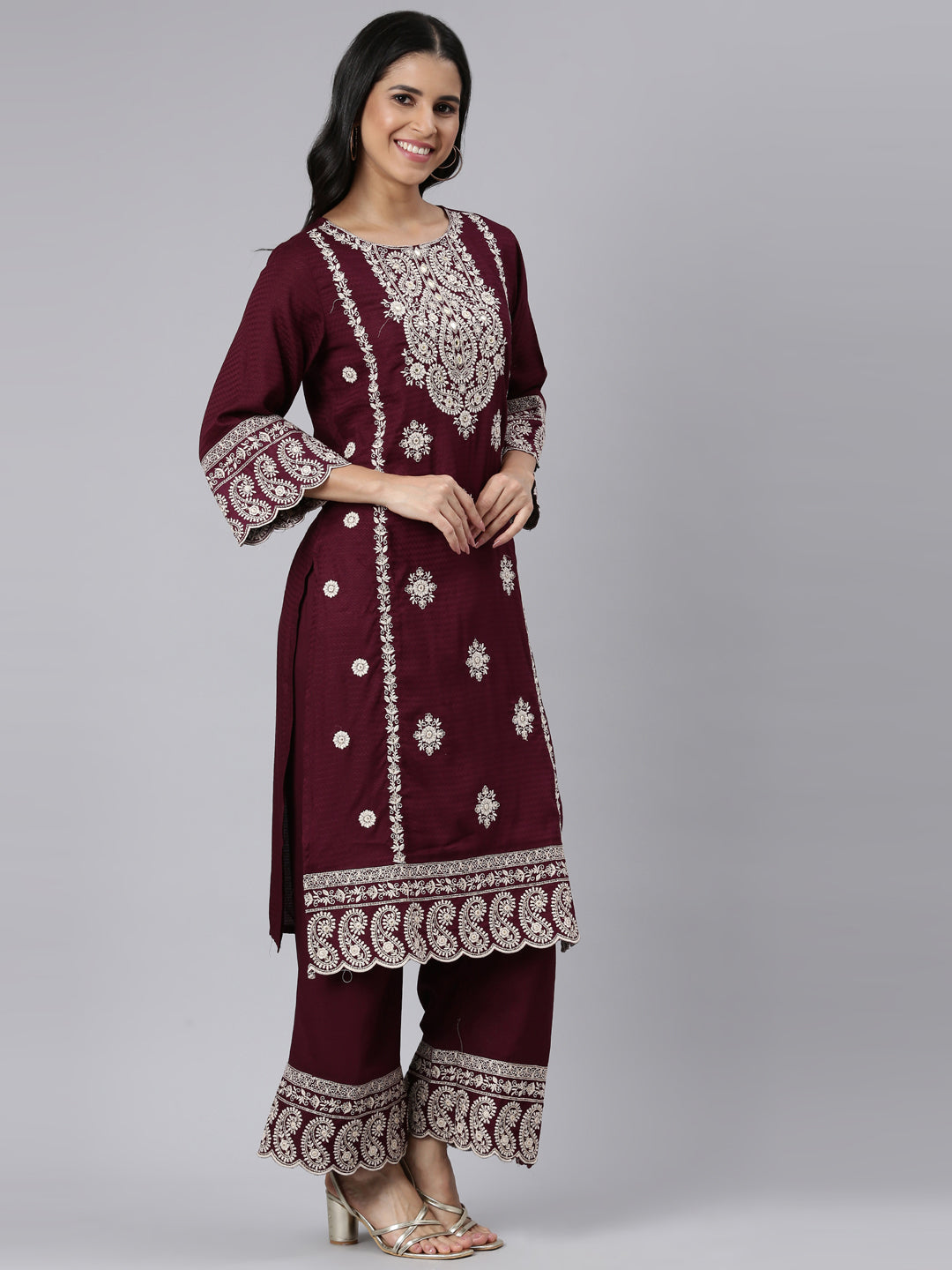 Neerus Purple Tiered Straight Yoke Design Kurta and Palazzos With Dupatta