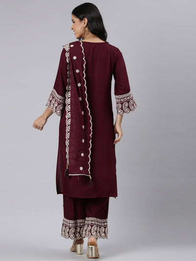 Neerus Purple Tiered Straight Yoke Design Kurta and Palazzos With Dupatta