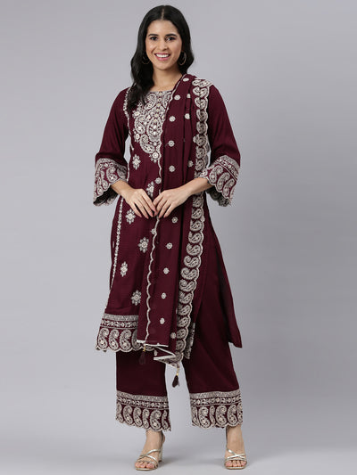 Neerus Purple Tiered Straight Yoke Design Kurta and Palazzos With Dupatta