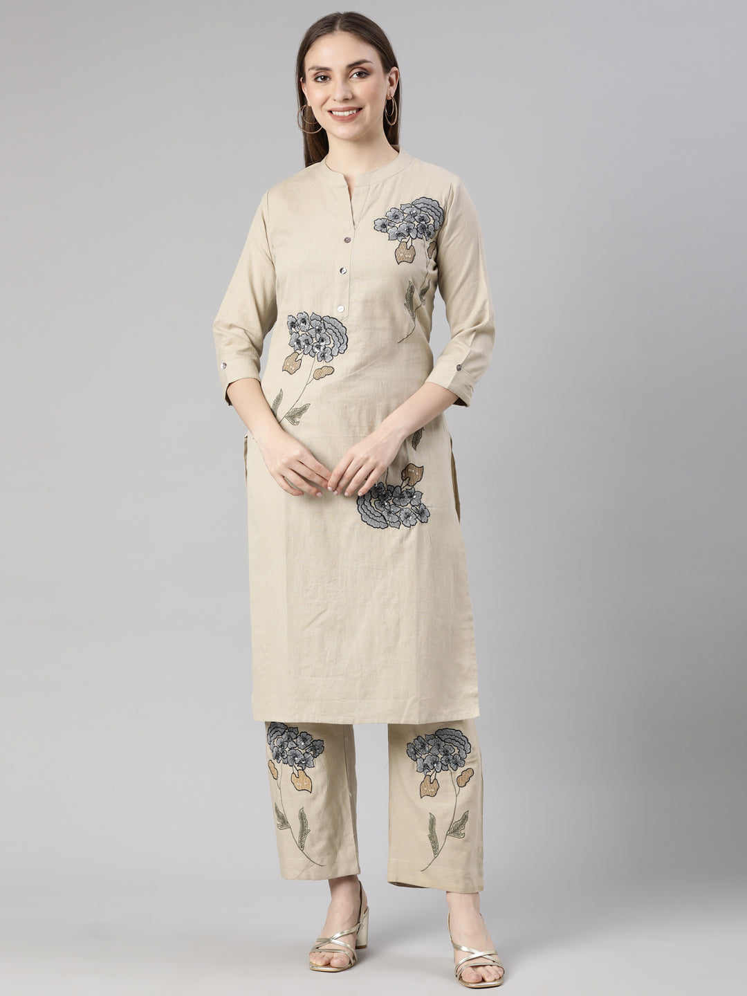 Neerus Beige Regular Straight Floral Kurta And  Trousers