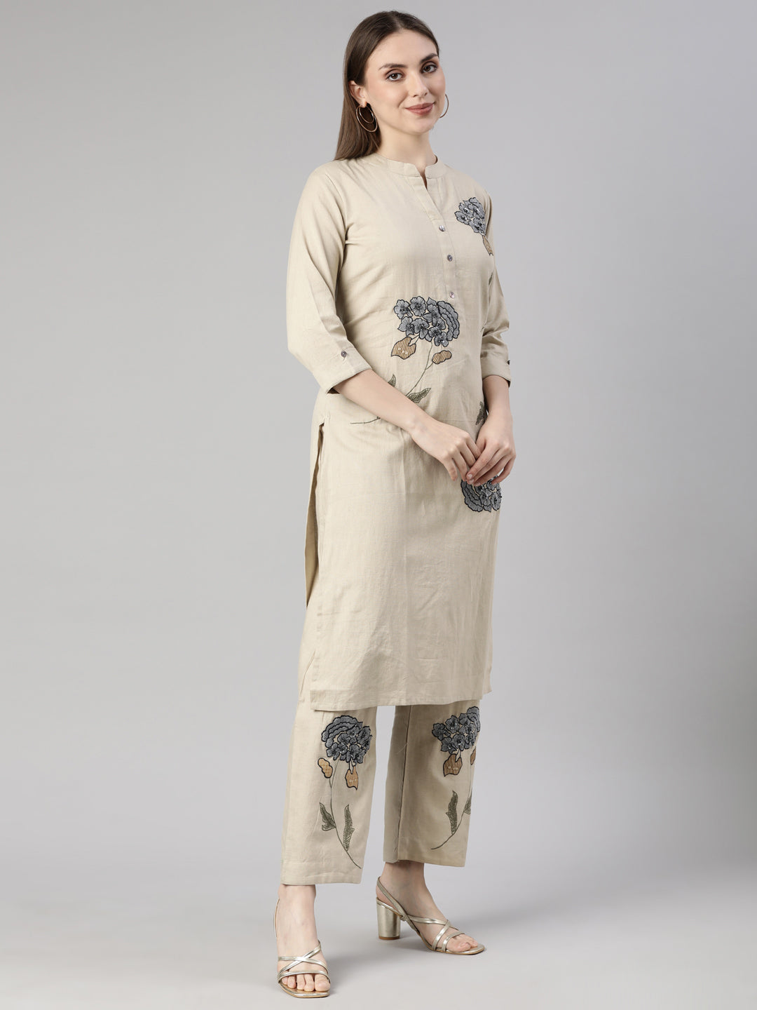 Neerus Beige Regular Straight Floral Kurta And  Trousers