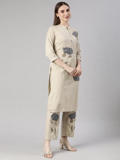 Neerus Beige Regular Straight Floral Kurta And  Trousers