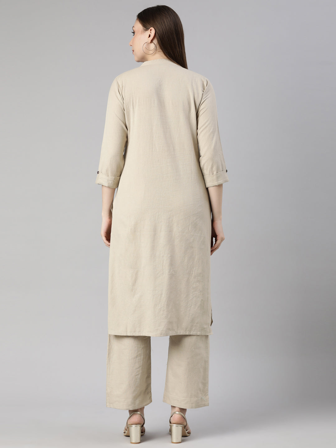 Neerus Beige Regular Straight Floral Kurta And  Trousers