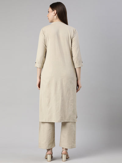 Neerus Beige Regular Straight Floral Kurta And  Trousers