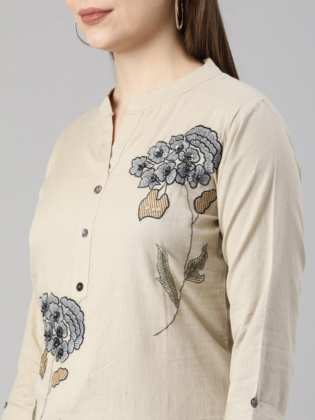 Neerus Beige Regular Straight Floral Kurta And  Trousers