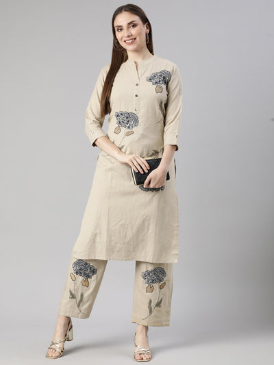 Neerus Beige Regular Straight Floral Kurta And  Trousers