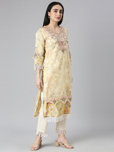 Neerus Yellow Regular Straight Printed Kurta and Trousers With Dupatta