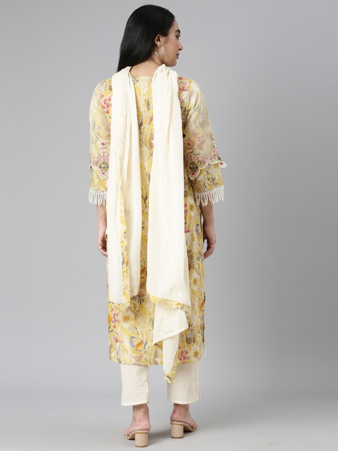 Neerus Yellow Regular Straight Printed Kurta and Trousers With Dupatta