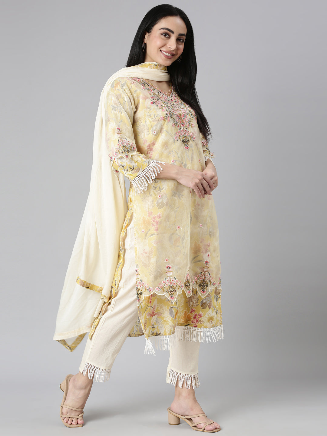 Neerus Yellow Regular Straight Printed Kurta and Trousers With Dupatta