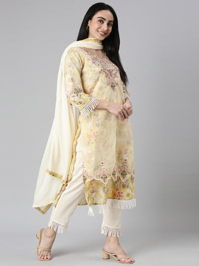 Neerus Yellow Regular Straight Printed Kurta and Trousers With Dupatta