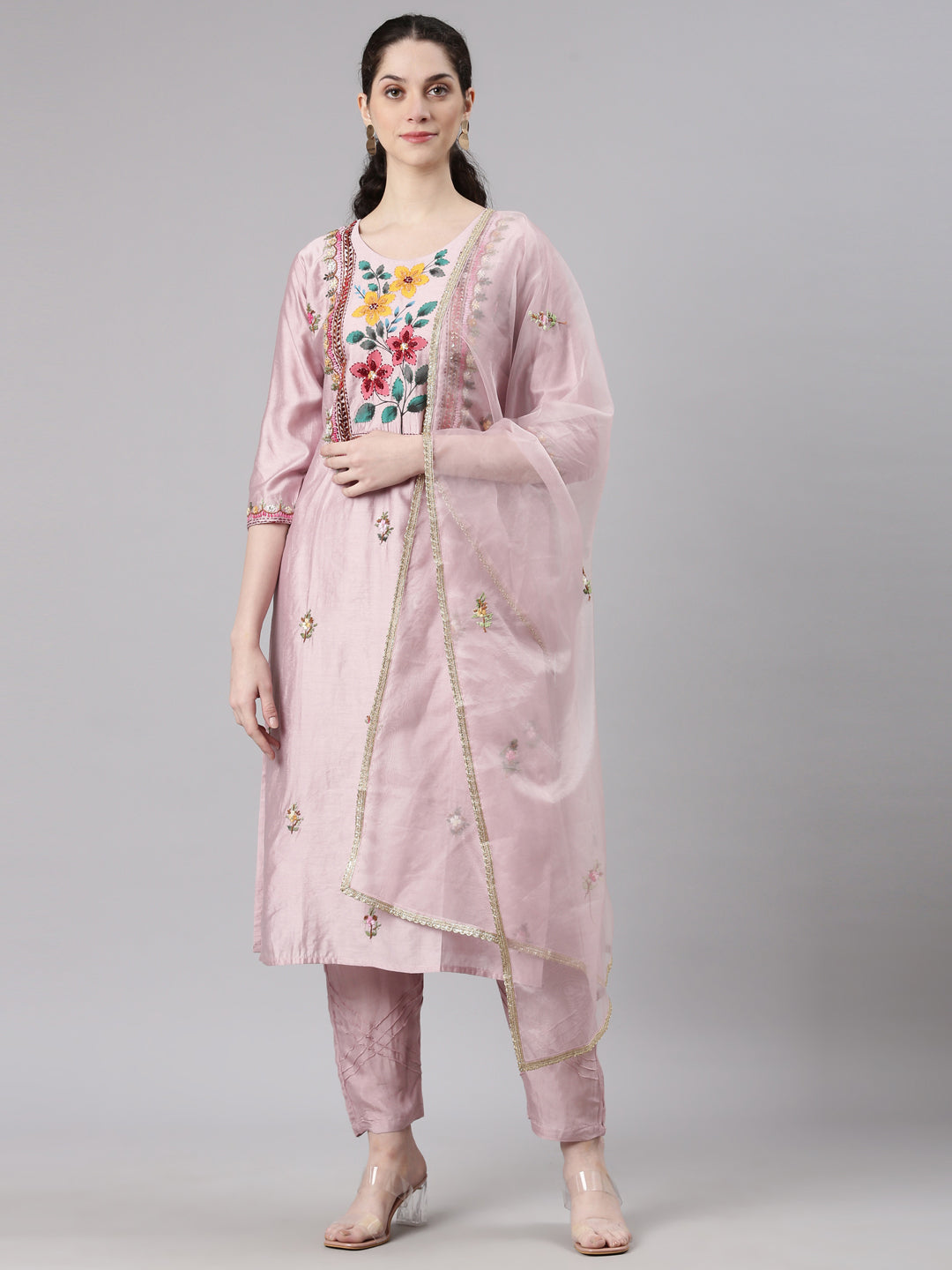 Neerus Red Straight Casual Solid Kurta and Trouser with Dupatta