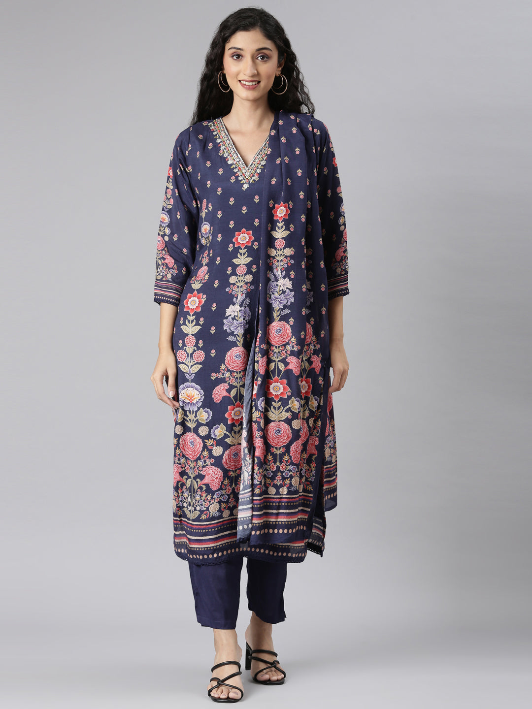 Neerus Navy Blue Straight Casual Floral Kurta and Trouser with Dupatta