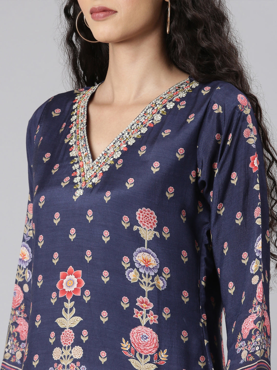 Neerus Navy Blue Straight Casual Floral Kurta and Trouser with Dupatta