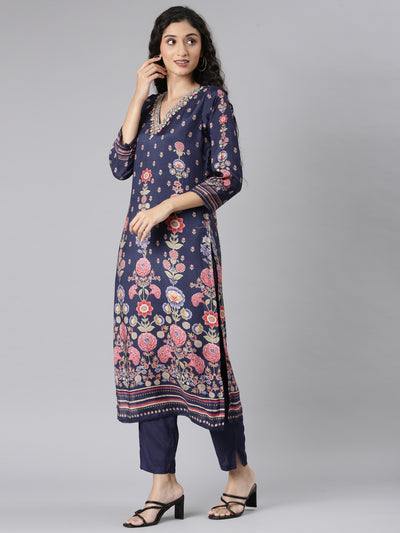 Neerus Navy Blue Straight Casual Floral Kurta and Trouser with Dupatta