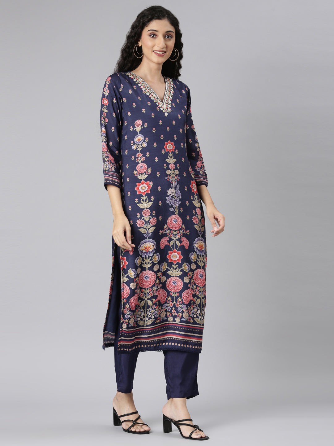 Neerus Navy Blue Straight Casual Floral Kurta and Trouser with Dupatta