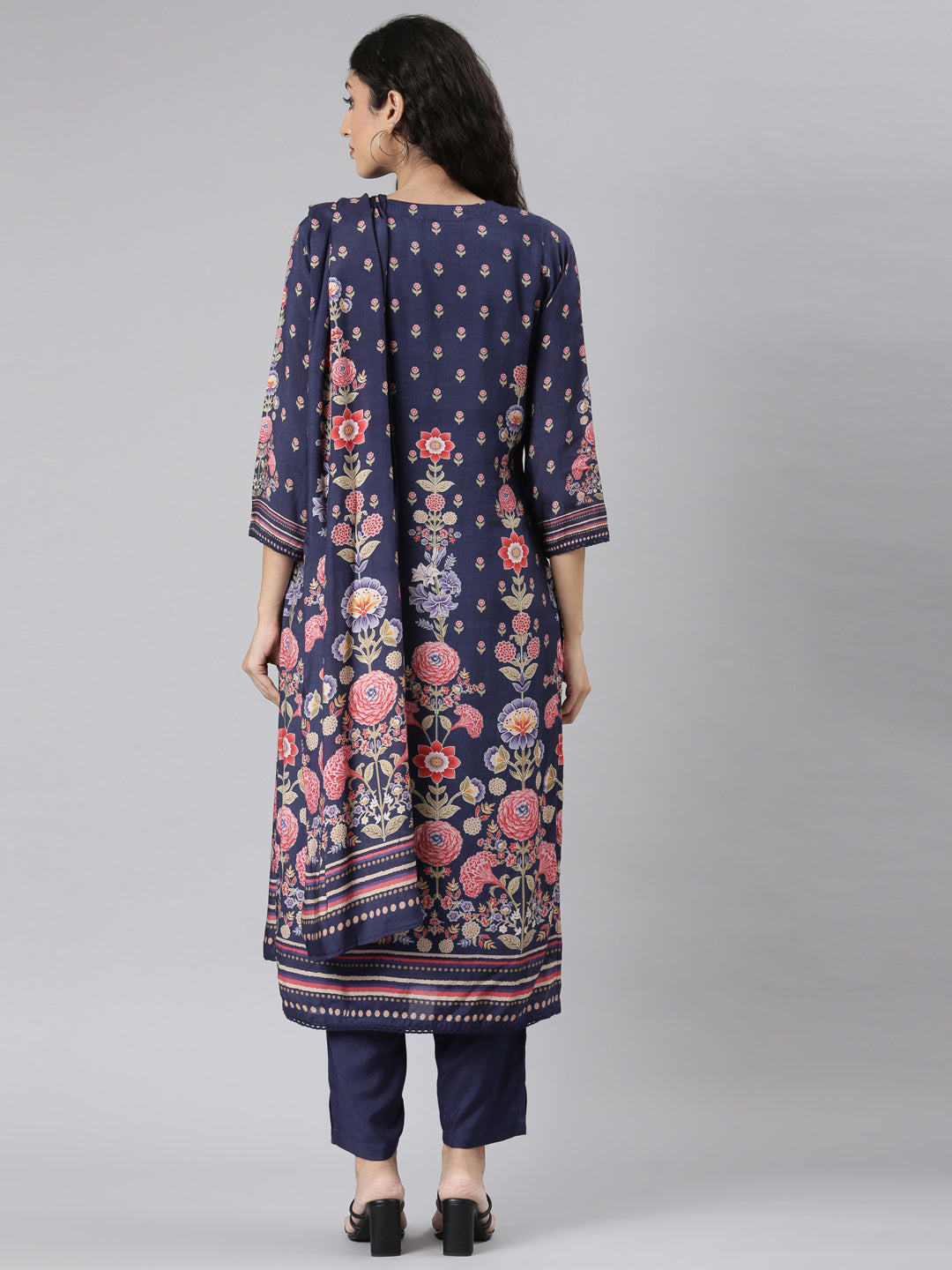 Neerus Navy Blue Straight Casual Floral Kurta and Trouser with Dupatta