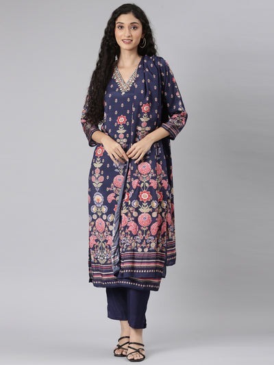 Neerus Navy Blue Straight Casual Floral Kurta and Trouser with Dupatta