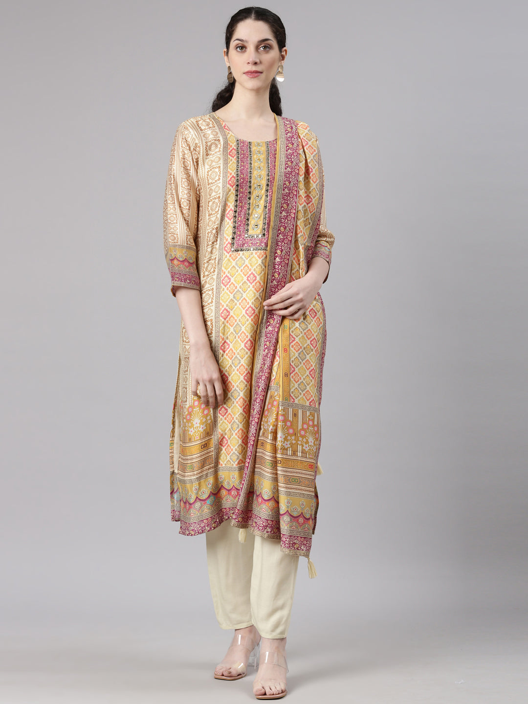 Neerus Cream Straight Casual Abstract Kurta and Trouser with Dupatta