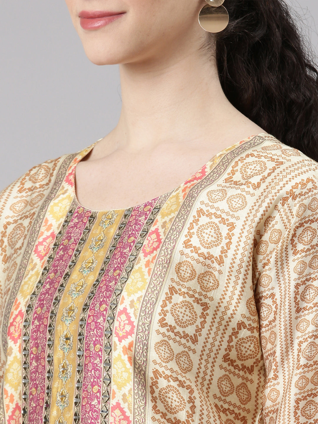 Neerus Cream Straight Casual Abstract Kurta and Trouser with Dupatta