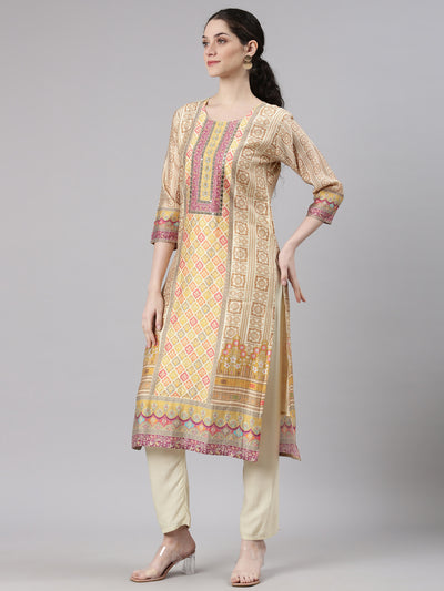 Neerus Cream Straight Casual Abstract Kurta and Trouser with Dupatta