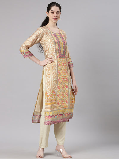 Neerus Cream Straight Casual Abstract Kurta and Trouser with Dupatta