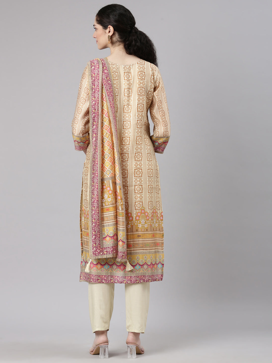 Neerus Cream Straight Casual Abstract Kurta and Trouser with Dupatta