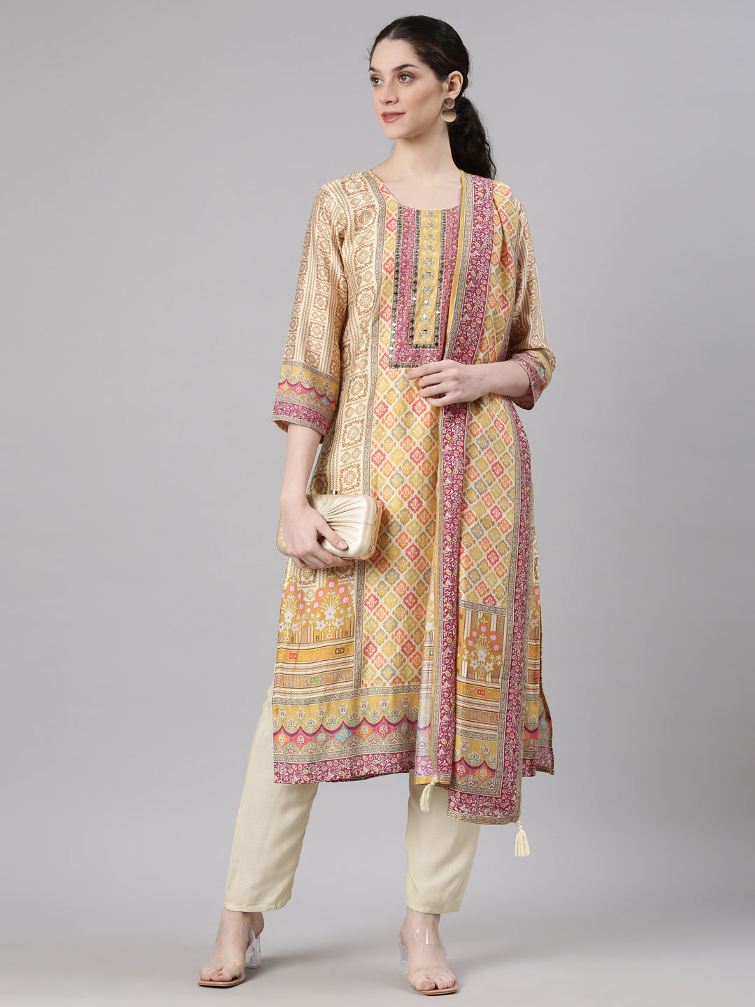 Neerus Cream Straight Casual Abstract Kurta and Trouser with Dupatta