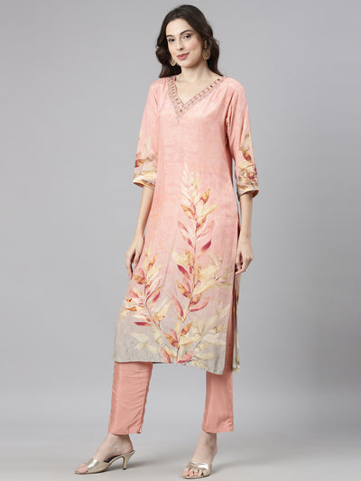 Neerus Pink Casual Straight Kurta and Trousers With Dupatta