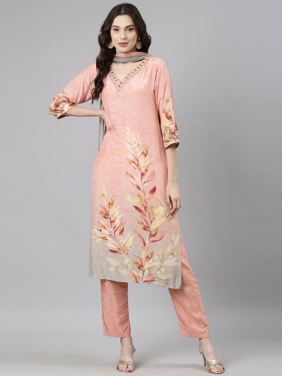 Neerus Pink Casual Straight Kurta and Trousers With Dupatta