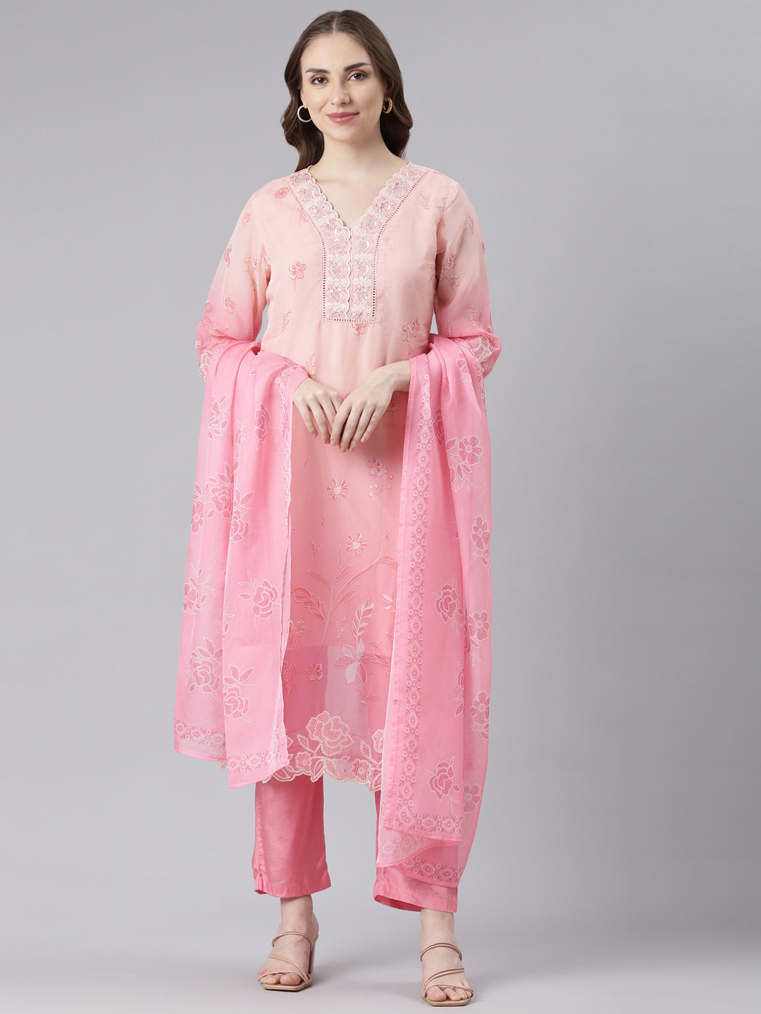 Neerus Pink Organza Straight Casual Floral Kurta and Trouser with Dupatta