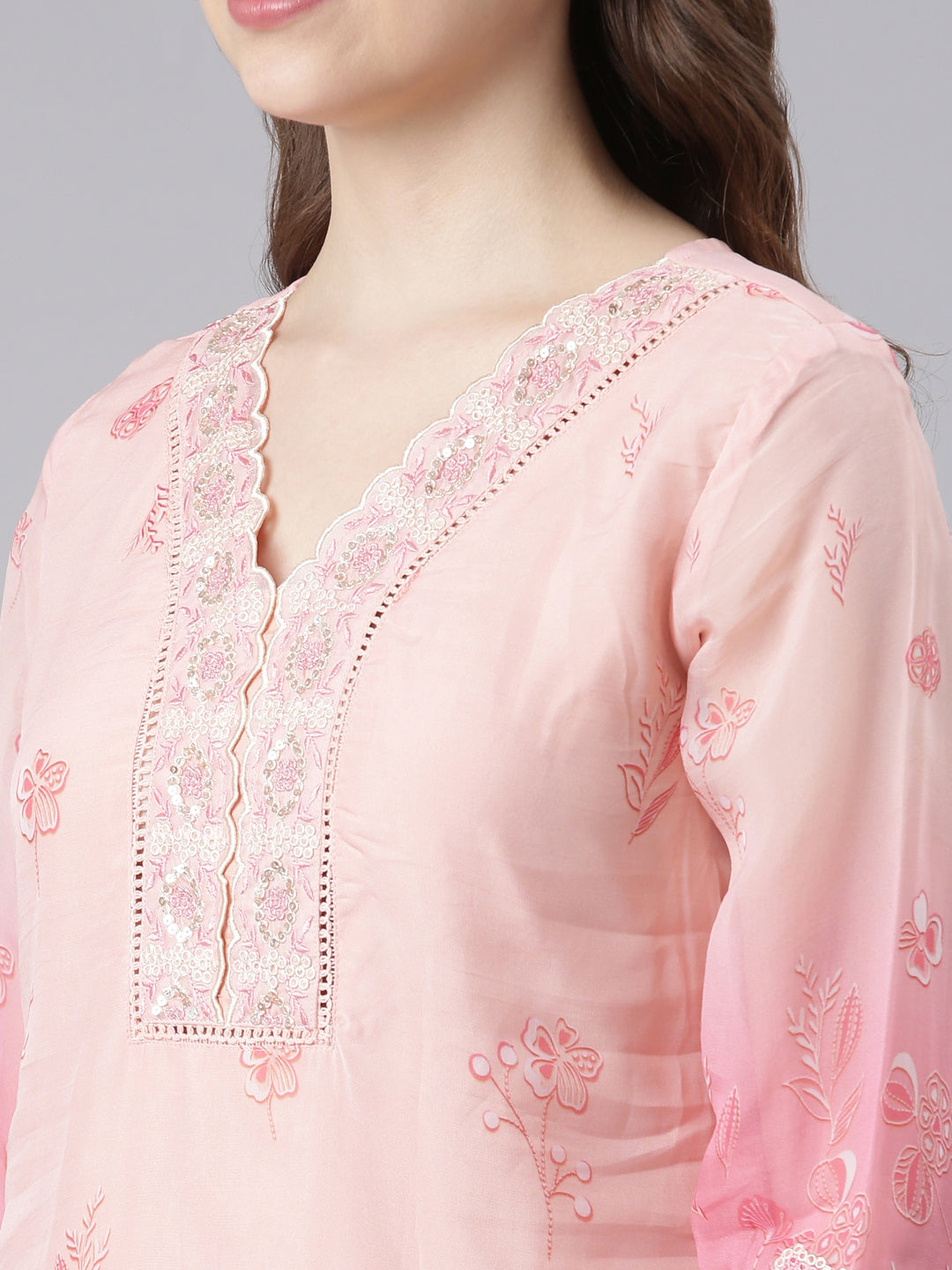 Neerus Pink Organza Straight Casual Floral Kurta and Trouser with Dupatta