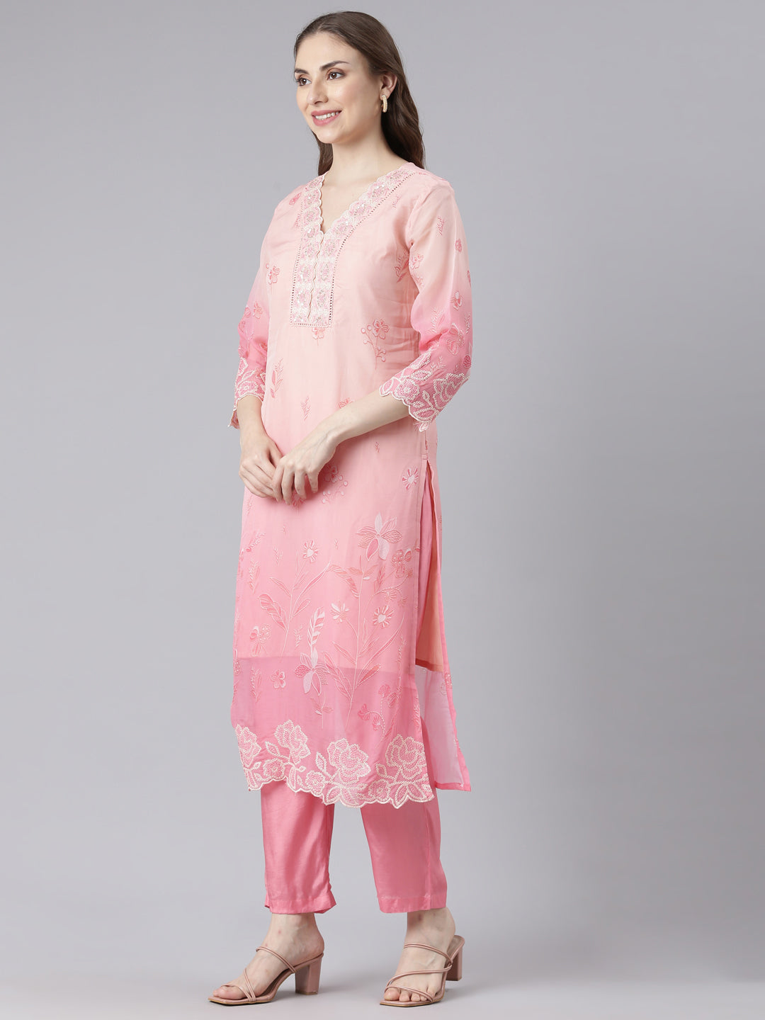 Neerus Pink Organza Straight Casual Floral Kurta and Trouser with Dupatta