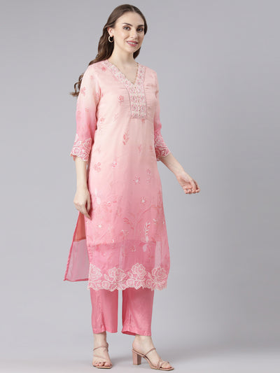 Neerus Pink Organza Straight Casual Floral Kurta and Trouser with Dupatta