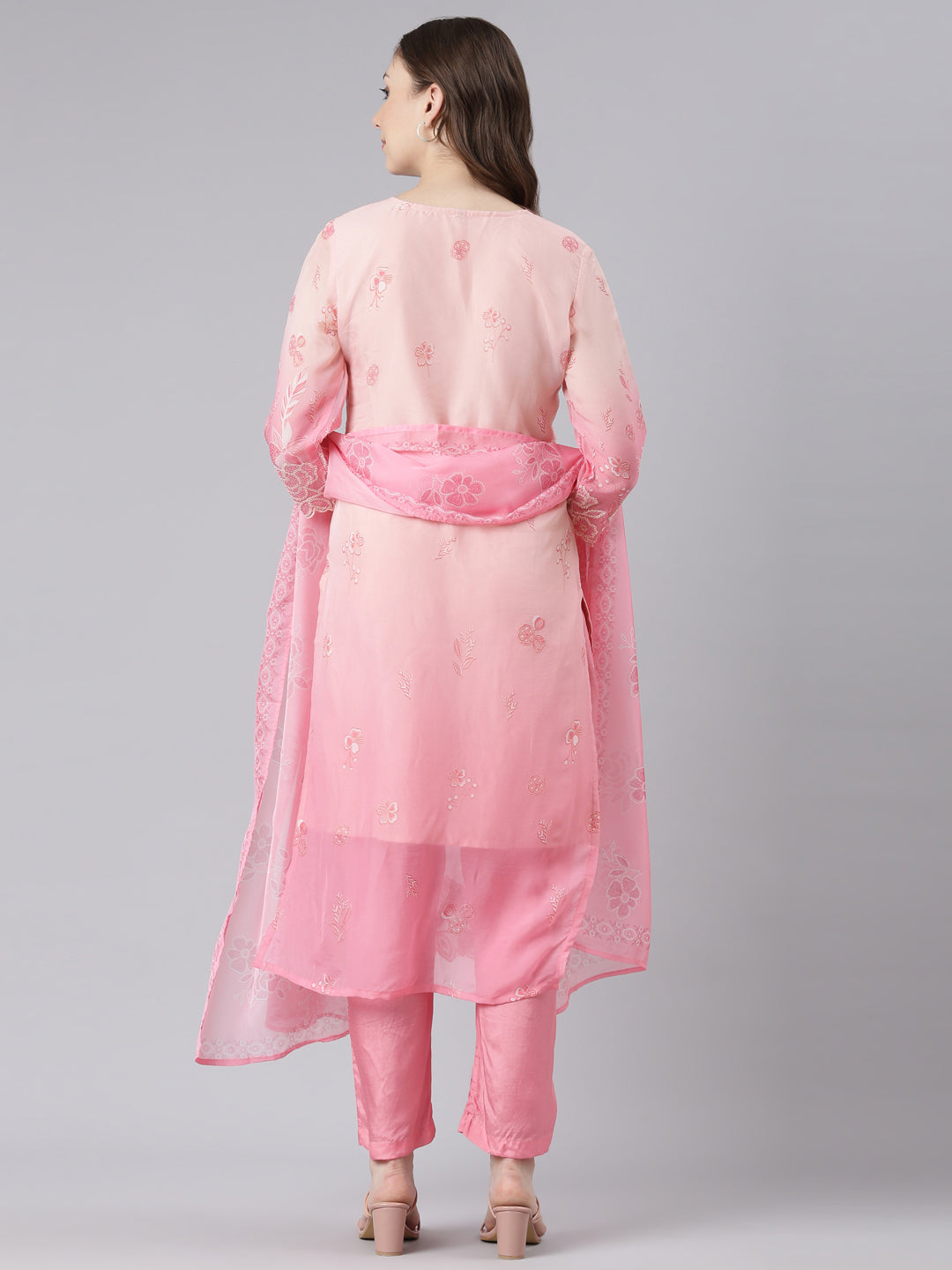 Neerus Pink Organza Straight Casual Floral Kurta and Trouser with Dupatta