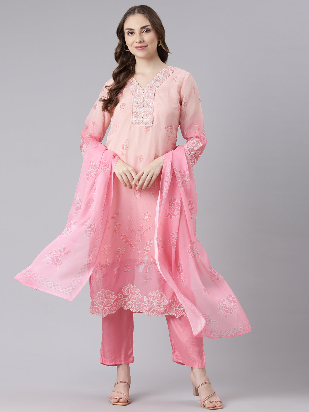 Neerus Pink Organza Straight Casual Floral Kurta and Trouser with Dupatta