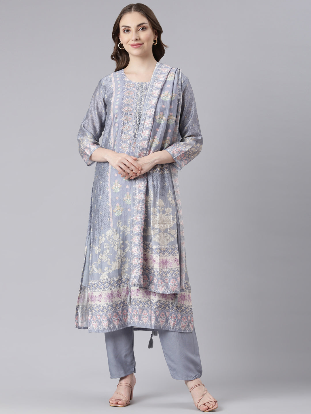 Neerus Grey Santoon Straight Casual Floral Kurta and Trouser with Dupatta