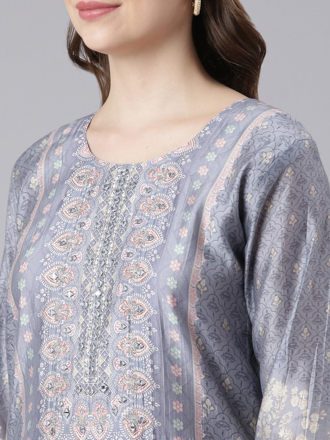 Neerus Grey Santoon Straight Casual Floral Kurta and Trouser with Dupatta