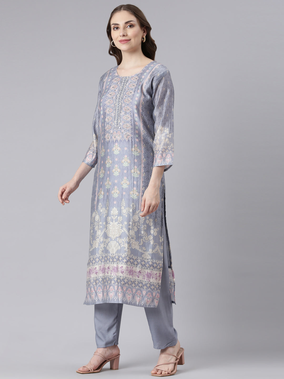 Neerus Grey Santoon Straight Casual Floral Kurta and Trouser with Dupatta