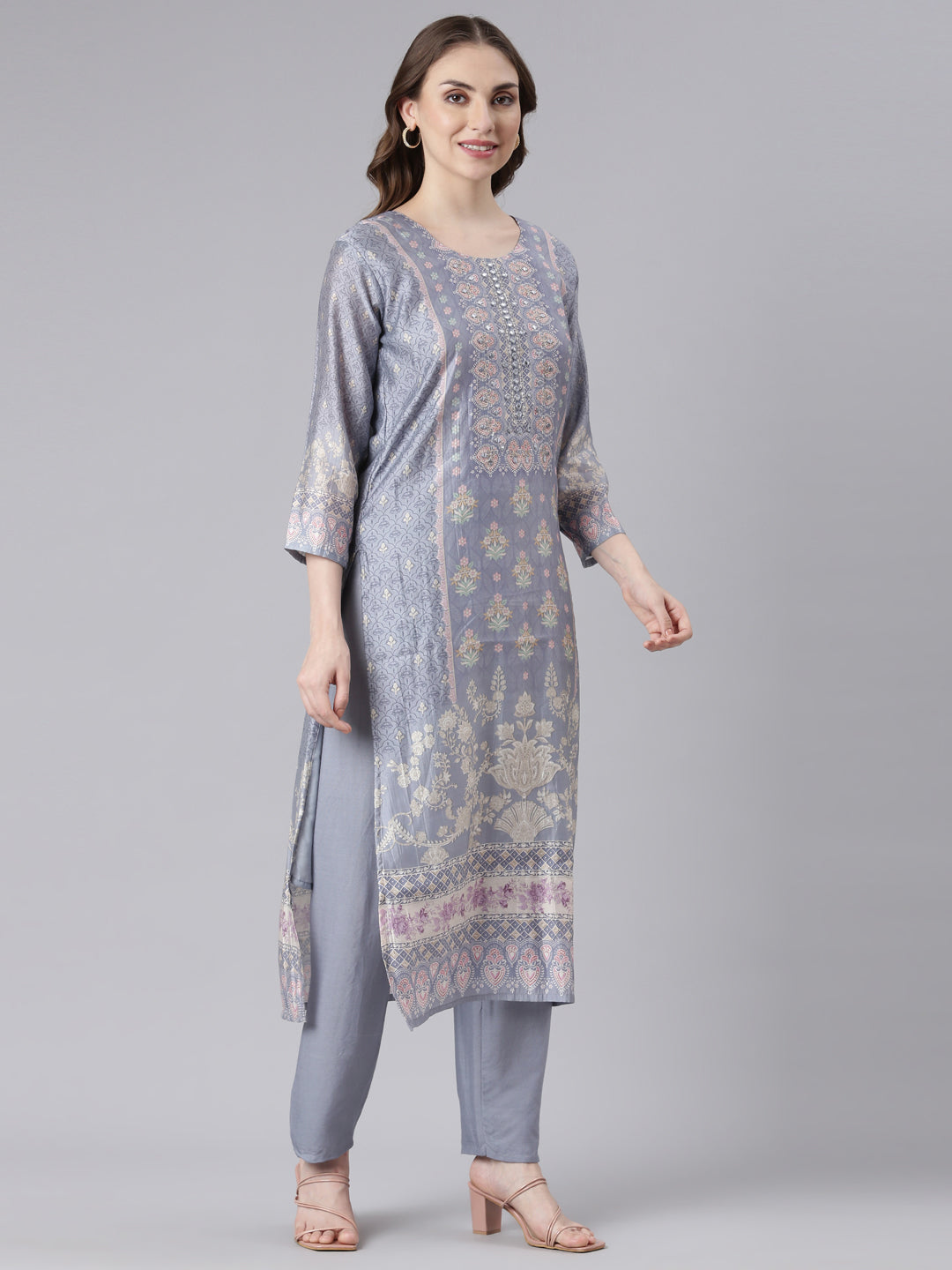 Neerus Grey Santoon Straight Casual Floral Kurta and Trouser with Dupatta