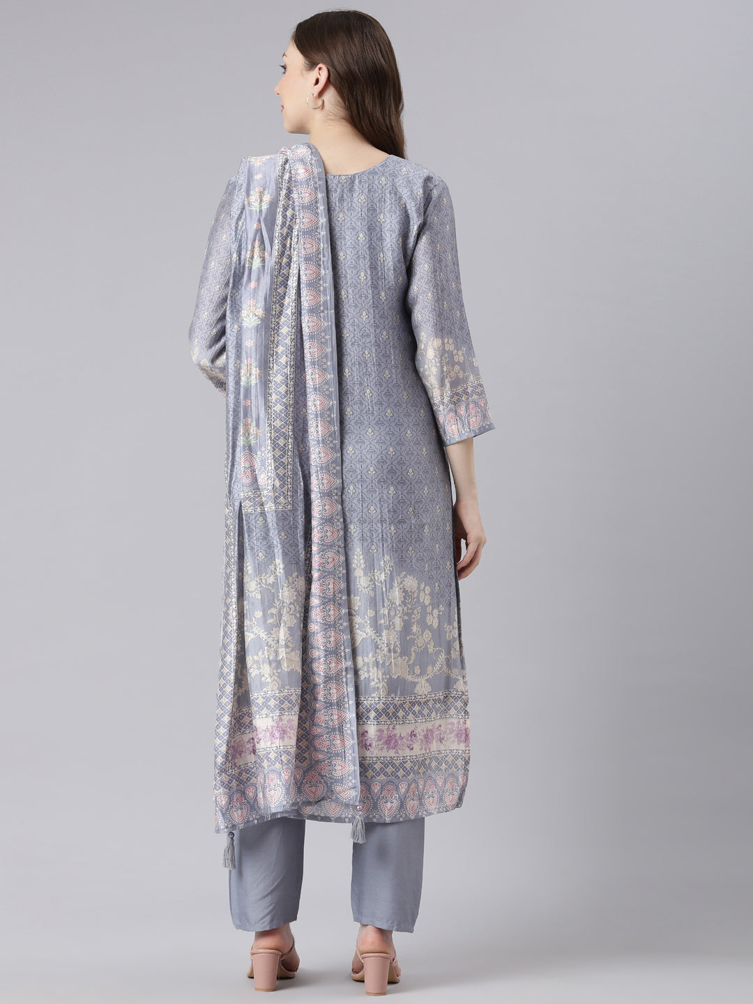 Neerus Grey Santoon Straight Casual Floral Kurta and Trouser with Dupatta