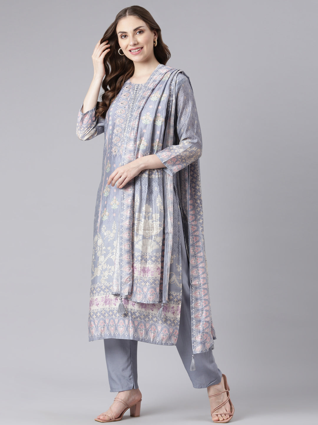 Neerus Grey Santoon Straight Casual Floral Kurta and Trouser with Dupatta