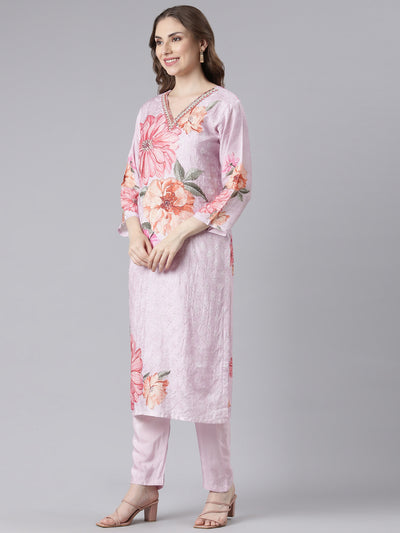 Neerus Purple Santoon Straight Casual Floral Kurta and Trouser with Dupatta