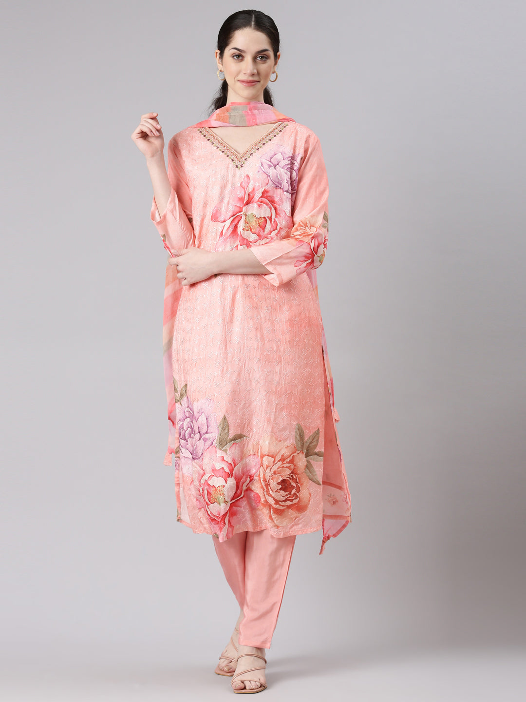 Neerus Women Peach Straight Kurta and Trousers With Dupatta