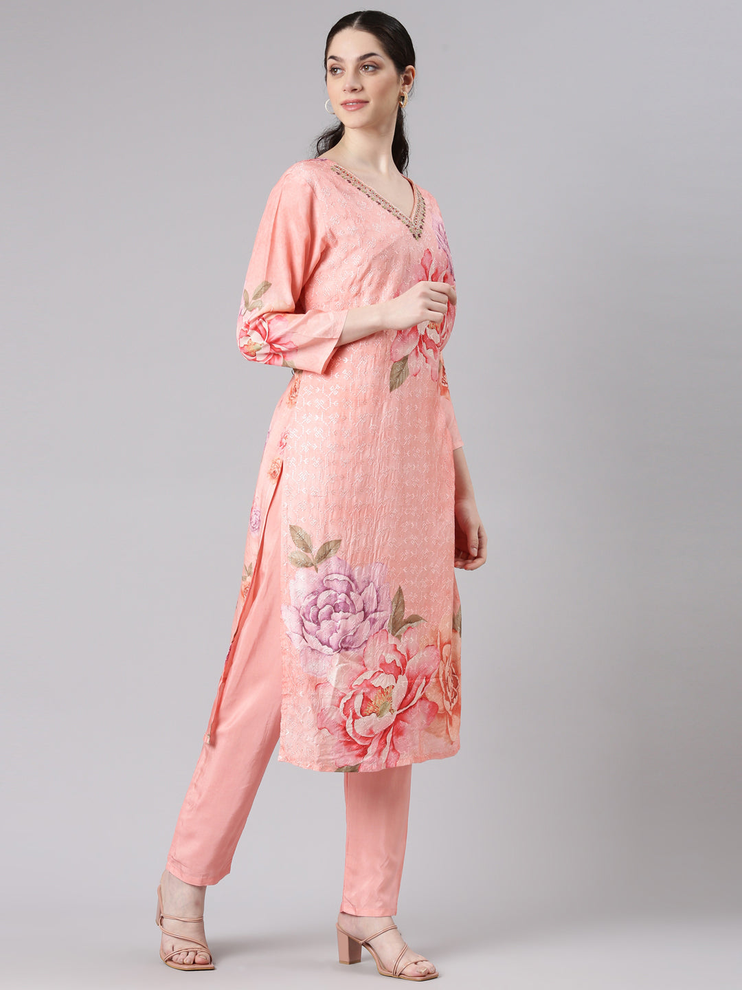 Neerus Women Peach Straight Kurta and Trousers With Dupatta