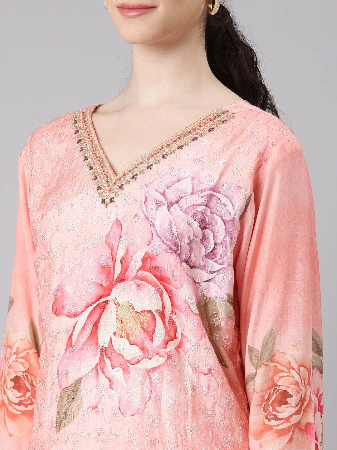 Neerus Women Peach Straight Kurta and Trousers With Dupatta