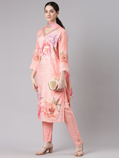 Neerus Women Peach Straight Kurta and Trousers With Dupatta