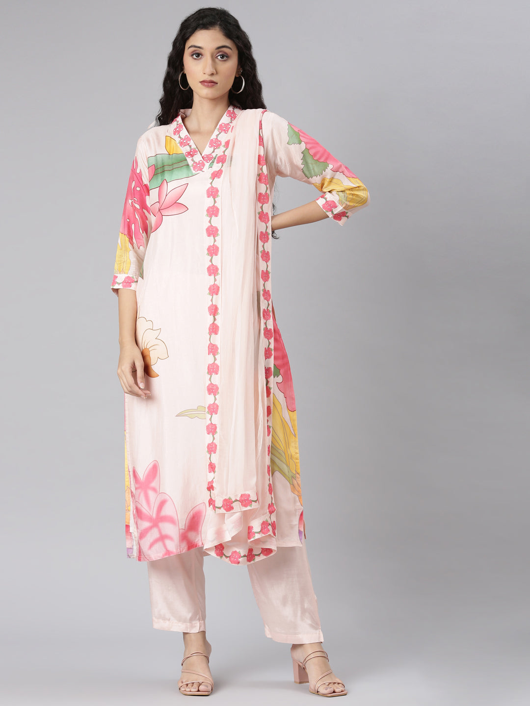 Neerus Peach Straight Casual Floral Kurta and Trouser with Dupatta