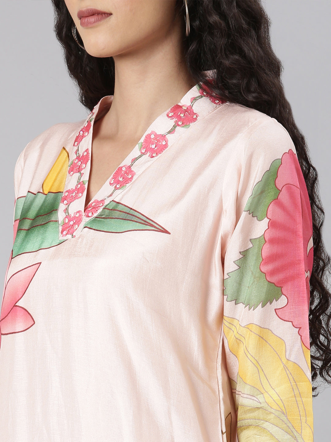 Neerus Peach Straight Casual Floral Kurta and Trouser with Dupatta