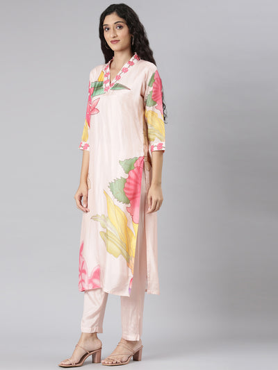 Neerus Peach Straight Casual Floral Kurta and Trouser with Dupatta